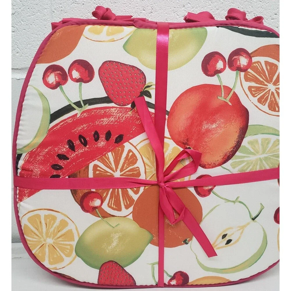 Set of 4 KITCHEN CHAIR PADS CUSHIONS w/ pink strings,COLORFUL FRUITS 15